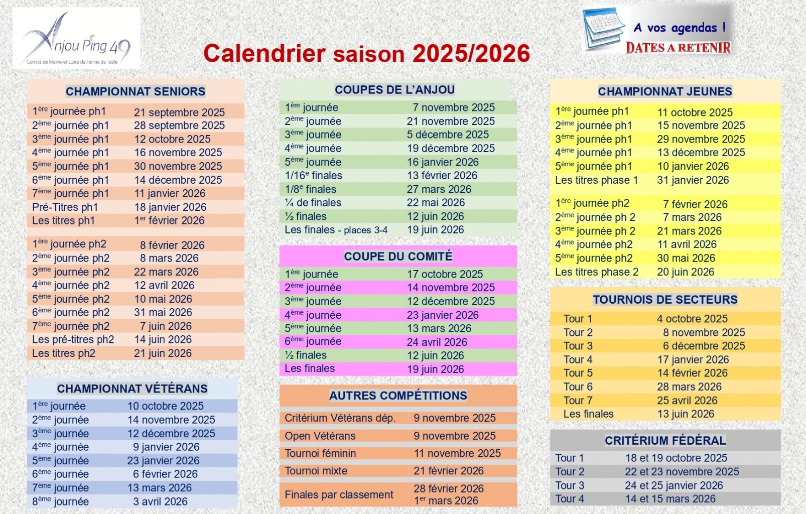 Calendrier saison 2025/2026